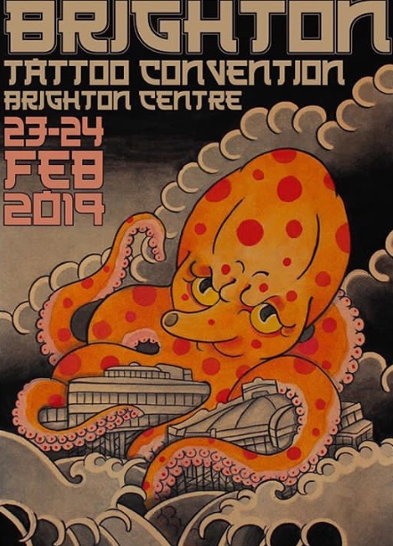 Japanese octopus, tako, orange fish, poster, Brighton, brighton Tattoo convention, brighton palace, tako nami, Irezumi, horimono, gordon claus
