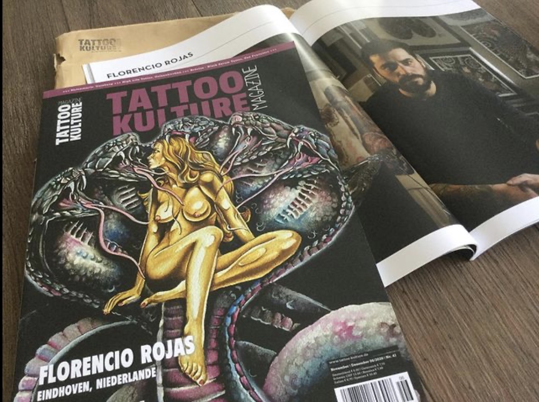 Magazine cover with golden woman surrounded by aliens, Florencio Rojas sitting with a folded hands in la