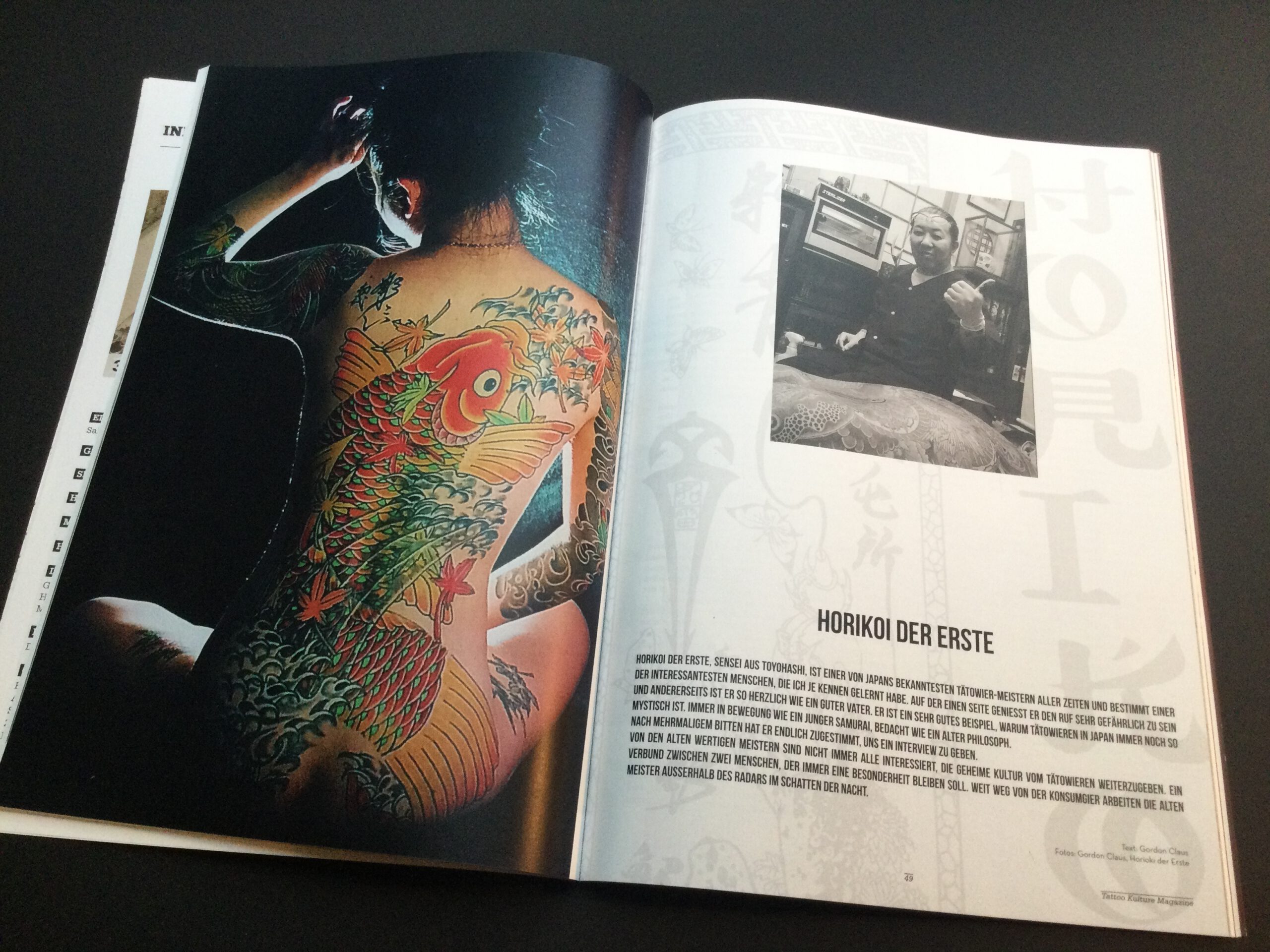 Two pages of Tattoo Kulture Magazine showing a sitting woman with a carp tattooed on her back and Horikoi sitting in his studio