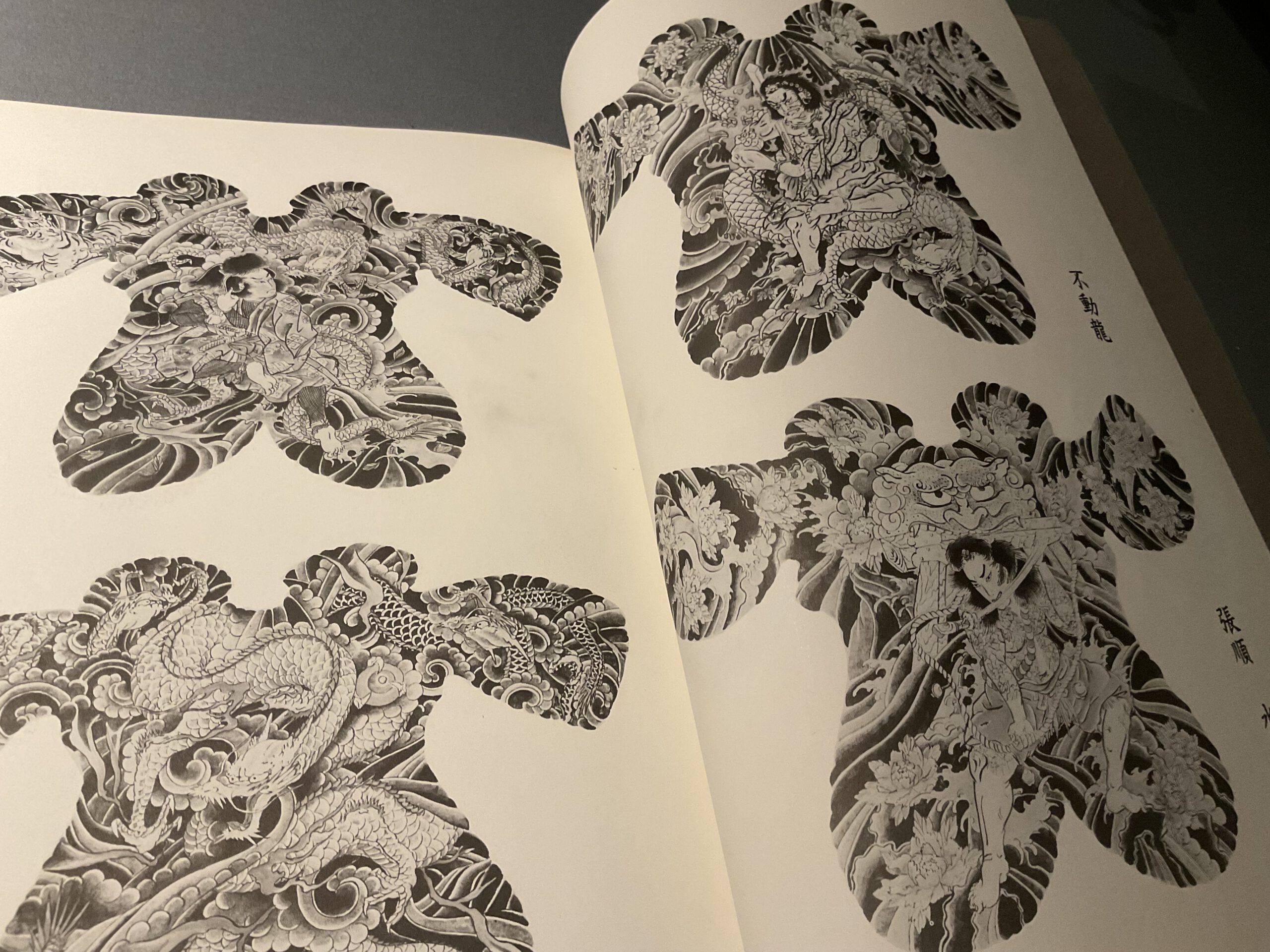 in dem Bild ist ein Buch aufgeklappt. Die Seiten sind weiß und enthalten vier Motivtafeln einer ganzen Rückentätowierung. Die Motive sind unterschiedlich, aber meist mit Kriegern oder Gottheiten. Die sind wirklich schön anzugucken. Die gesamte Darstellung ist schwarz und grau.